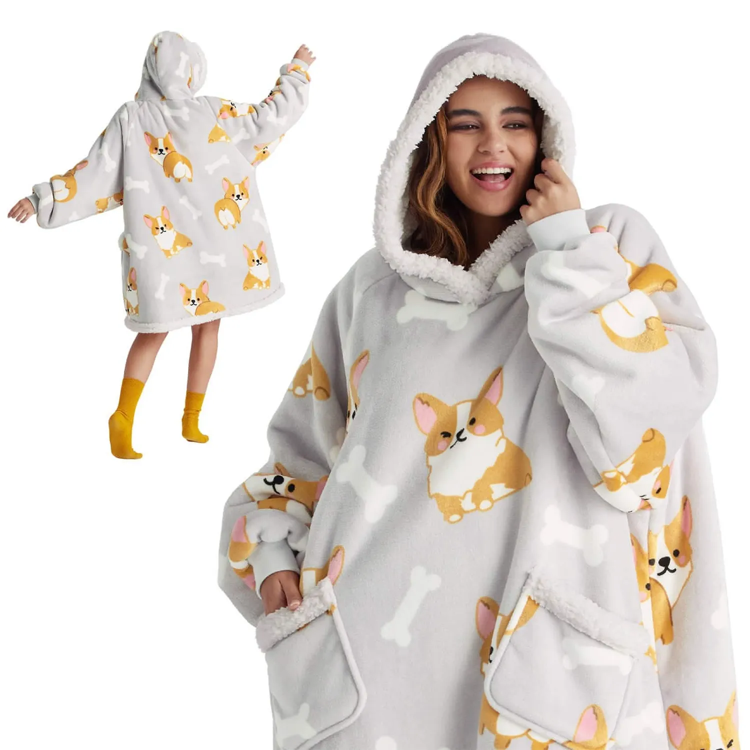 Bedsure Sherpa Fleece Printed Short Blanket Hoodie coperta indossabile