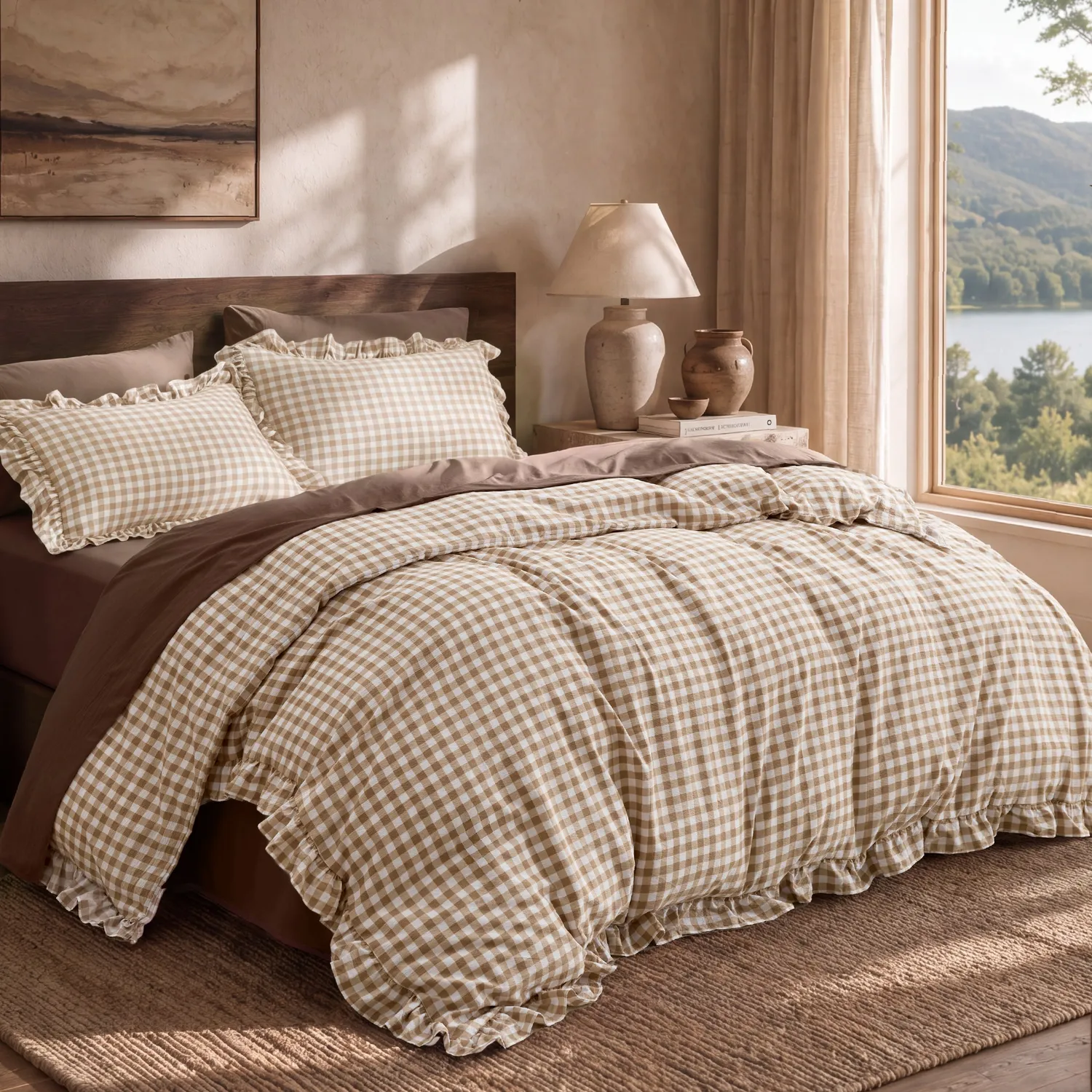 Bedsure Gingham Set Copripiumino con Volant Leggero