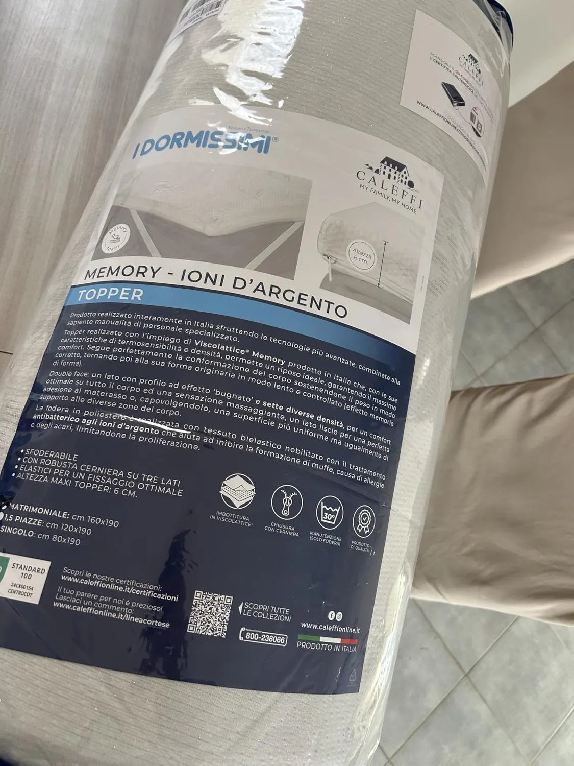 Caleffi Topper Memory Foam Sfoderabile Antibatterico