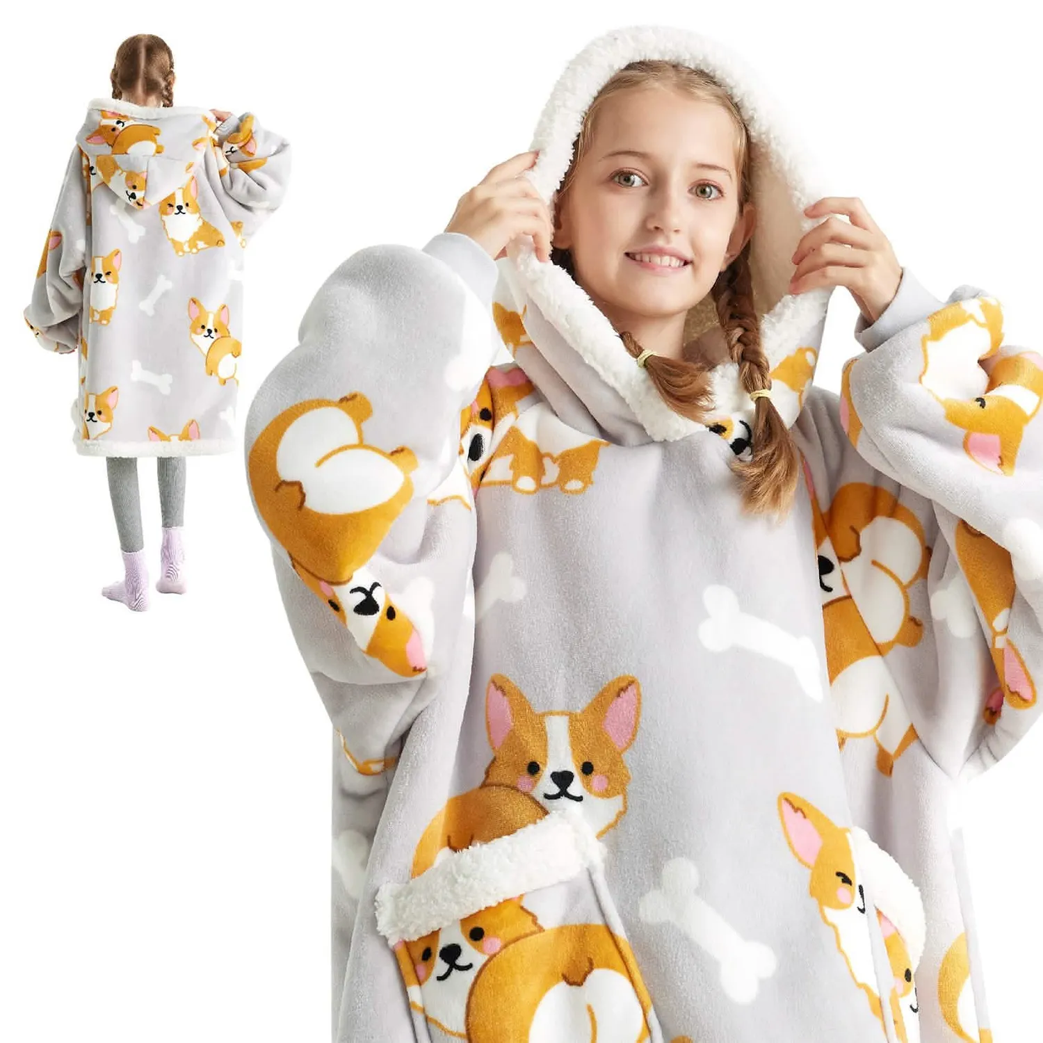 Bedsure Sherpa Fleece Printed Short Blanket Hoodie coperta indossabile