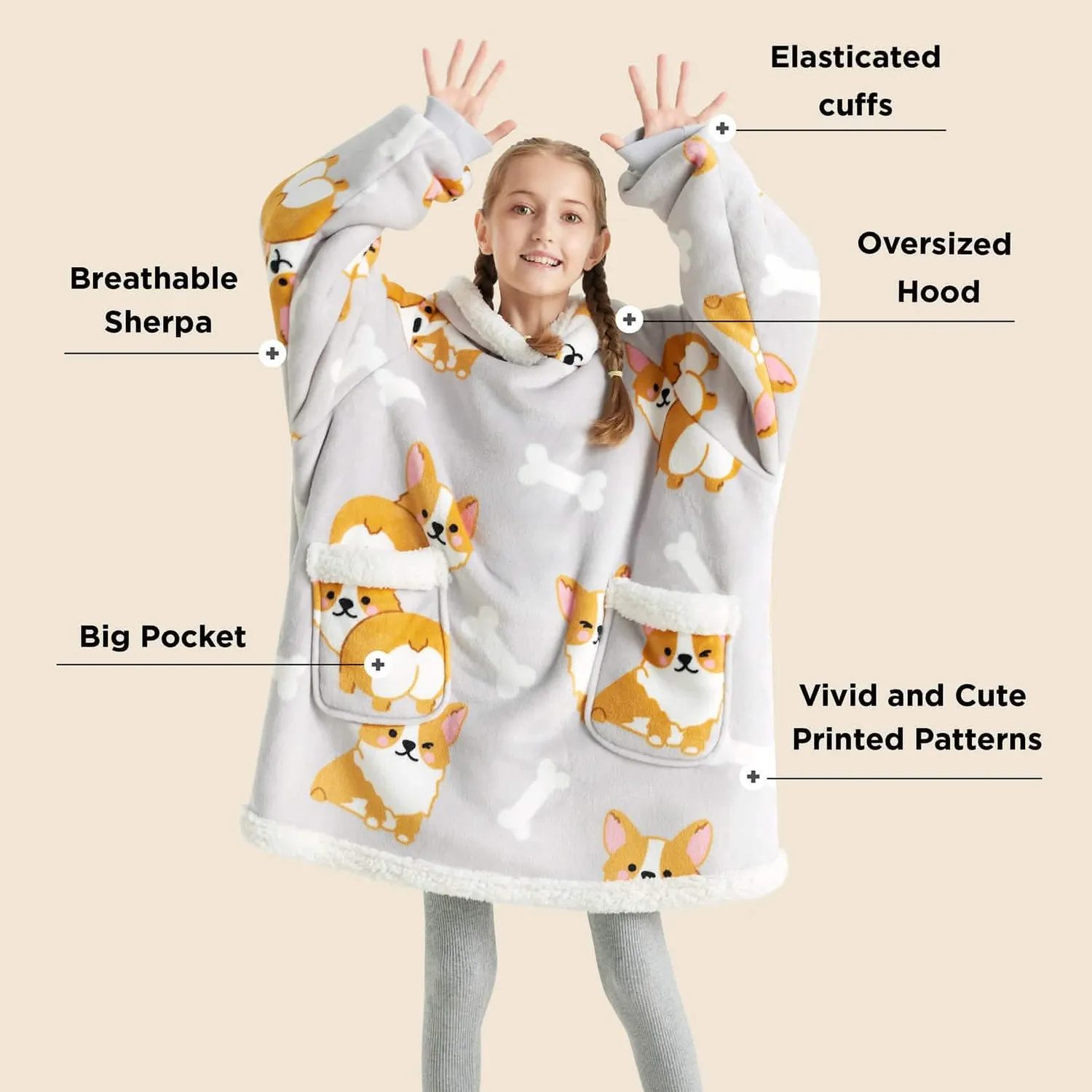 Bedsure Sherpa Fleece Printed Short Blanket Hoodie coperta indossabile