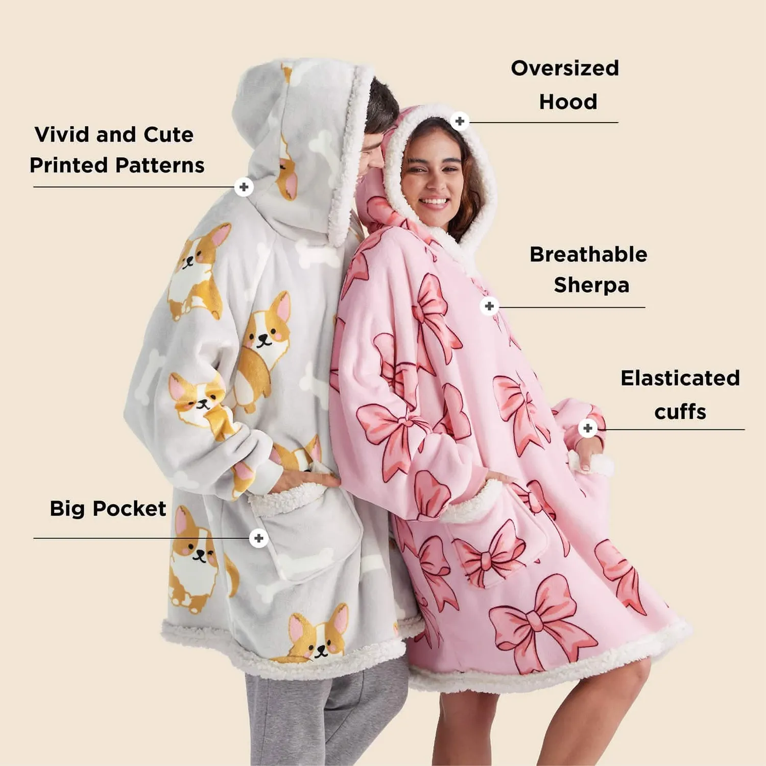 Bedsure Sherpa Fleece Printed Short Blanket Hoodie coperta indossabile
